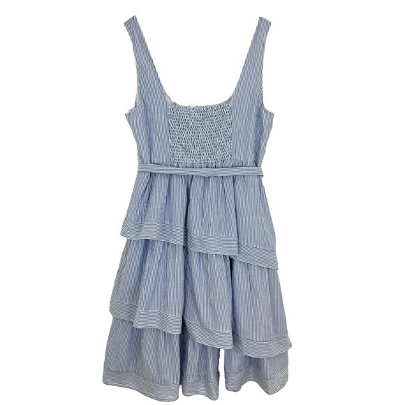 J.CREW Striped Sleeveless Belted Tiered Dress 8 Blue Knee Square Neck NWT B38 - Picture 3 of 7